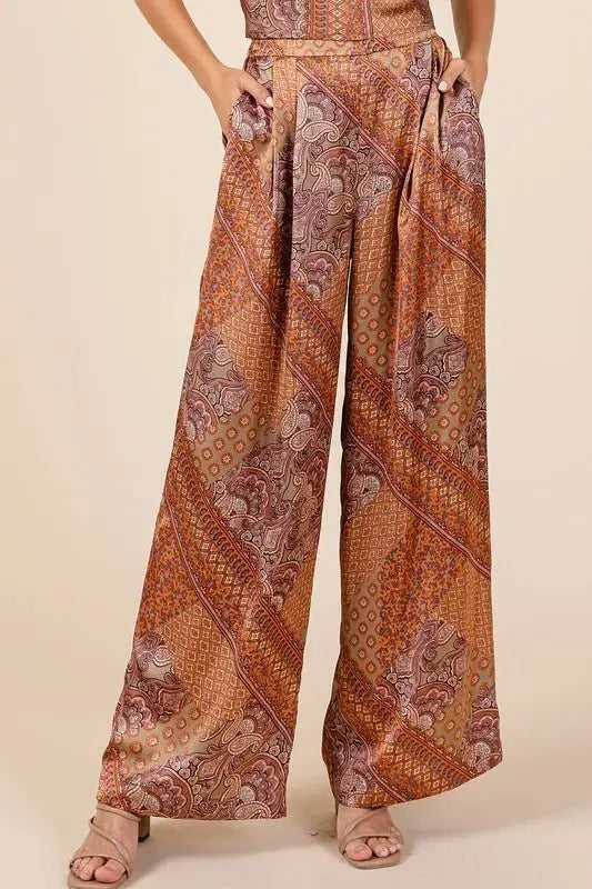 Wide Leg Pants - Paisley Satin - Stylish Comfort