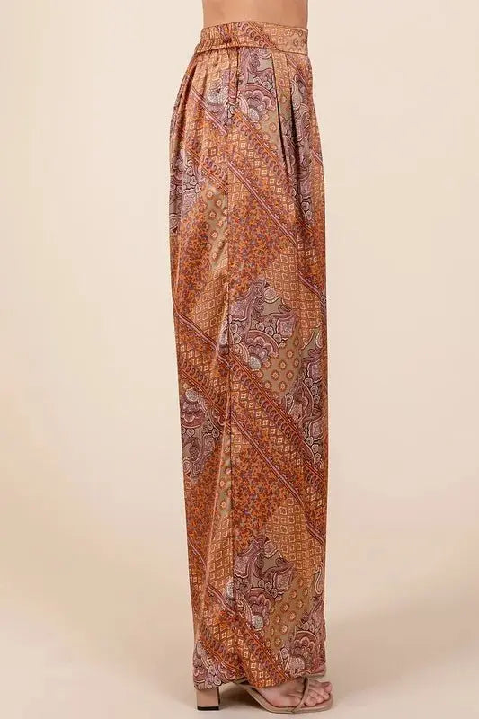 Wide Leg Pants - Paisley Satin - Stylish Comfort