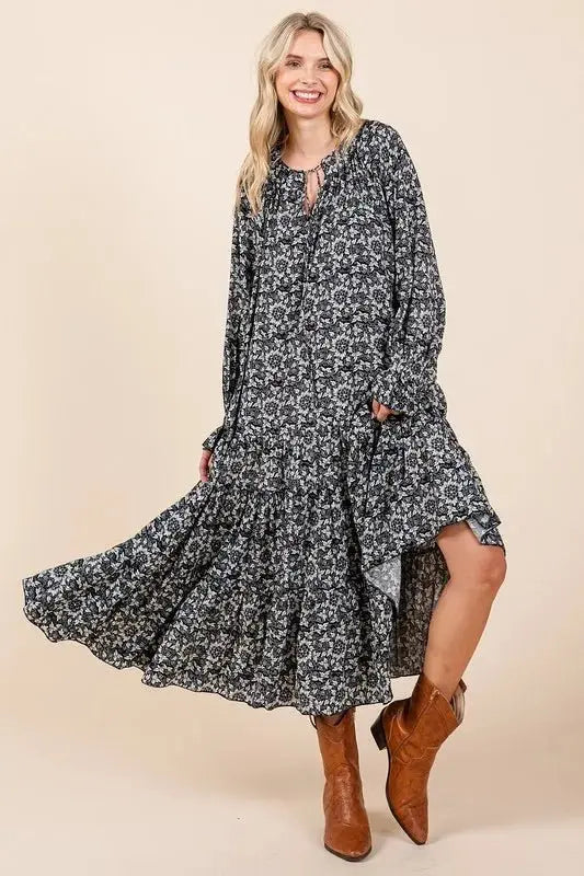 Trendsi Printed Midi Dress Women's Casual Tie Neck Flounce Sleeve Elegant