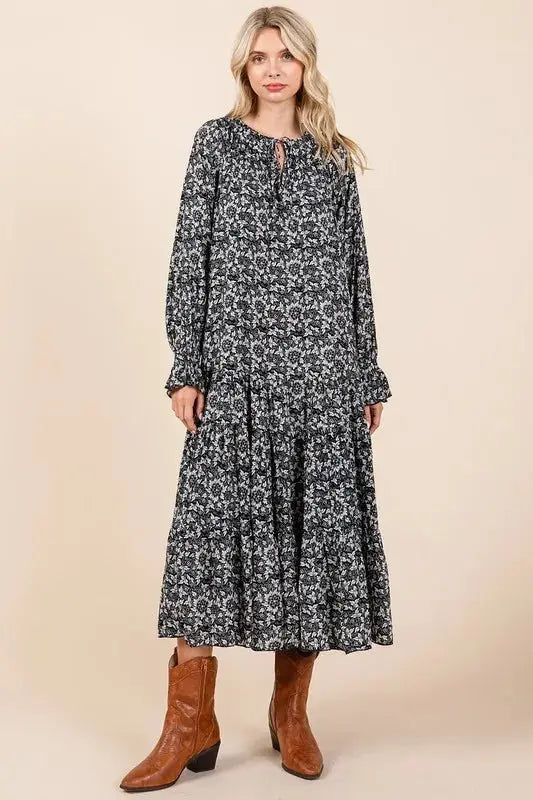 Trendsi Printed Midi Dress Women's Casual Tie Neck Flounce Sleeve Elegant