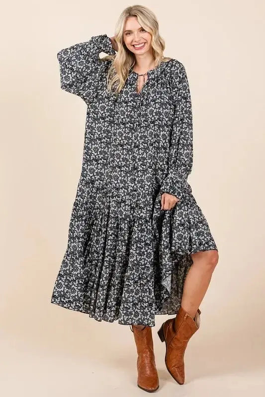 Trendsi Printed Midi Dress Women's Casual Tie Neck Flounce Sleeve Elegant