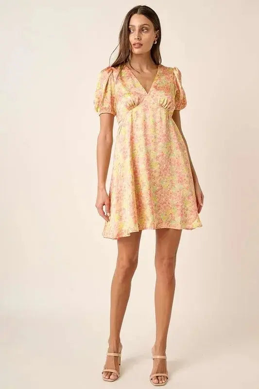 Trendsi Printed Mini Dress Women's Casual V-Neck Puff Sleeve Dress - USA Ship