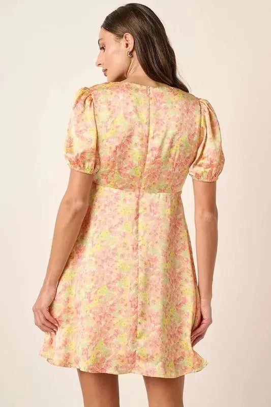 Trendsi Printed Mini Dress Women's Casual V-Neck Puff Sleeve Dress - USA Ship