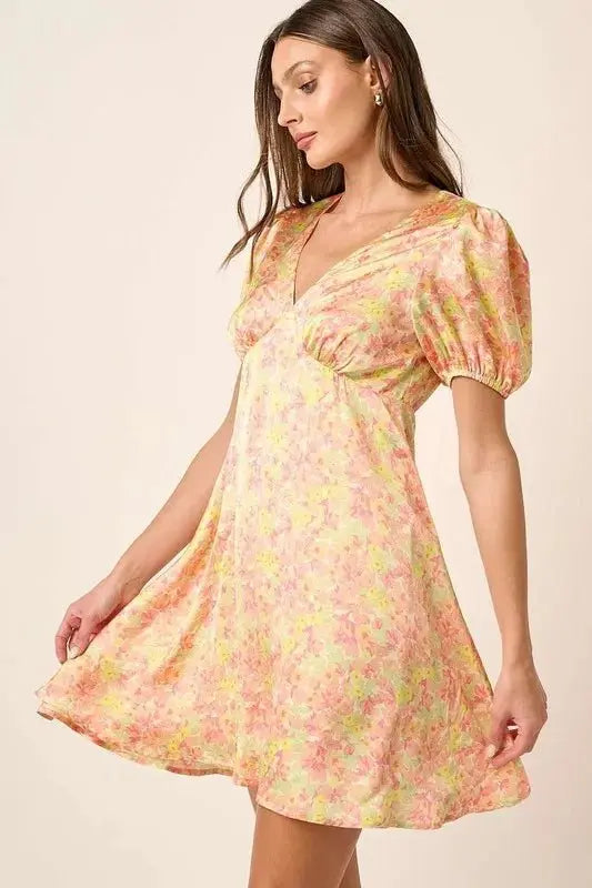 Trendsi Printed Mini Dress Women's Casual V-Neck Puff Sleeve Dress - USA Ship