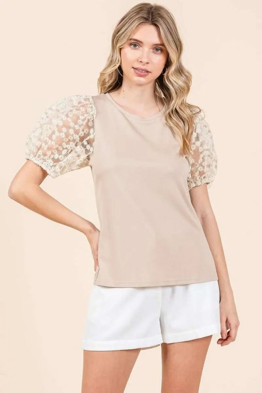 Women's Top - Puff Sleeve Round Neck - Casual Blouse