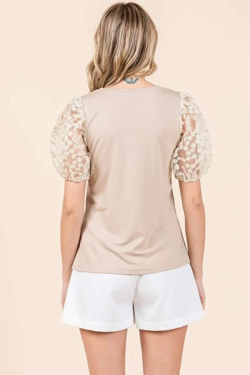 Women's Top - Puff Sleeve Round Neck - Casual Blouse