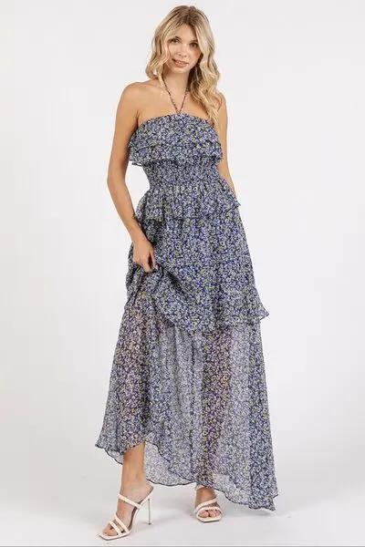 Trendsi Floral Maxi Dress Women's Summer Party Dress Smocked Ruffle Halter Neck