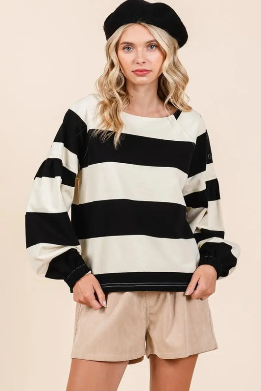 Trendsi Striped Snap Shoulder Women's T-Shirt Casual Long Sleeve Top