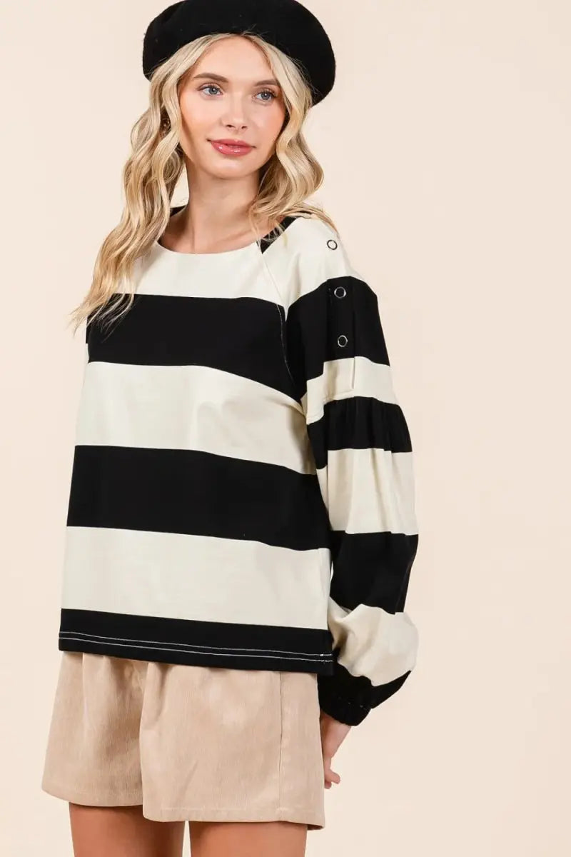 Trendsi Striped Snap Shoulder Women's T-Shirt Casual Long Sleeve Top