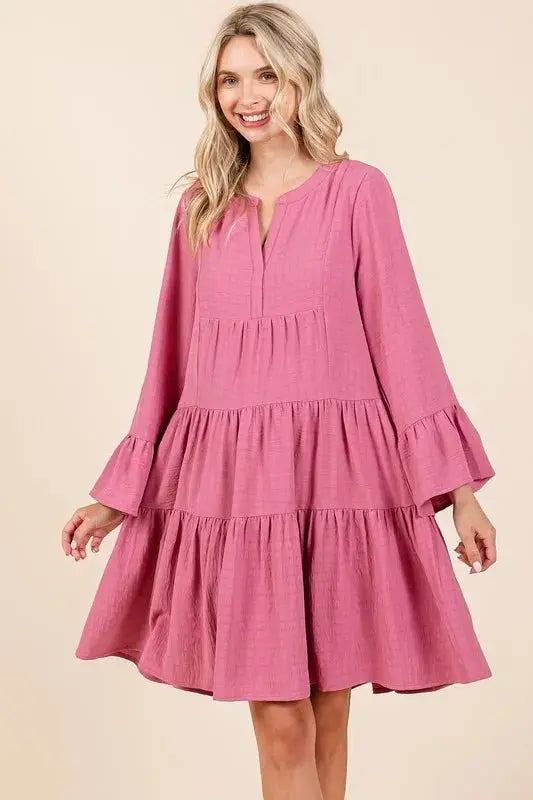 Dress - Flare Sleeve Tiered Notched - Casual Party Mini