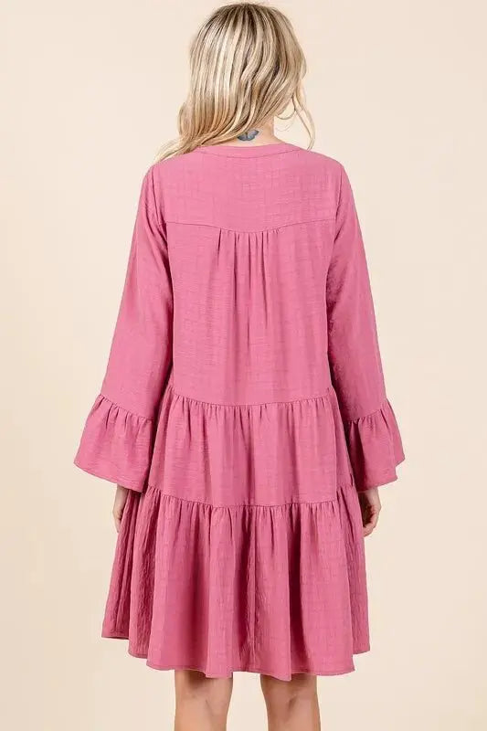 Dress - Flare Sleeve Tiered Notched - Casual Party Mini