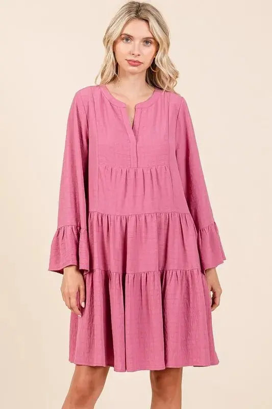 Dress - Flare Sleeve Tiered Notched - Casual Party Mini