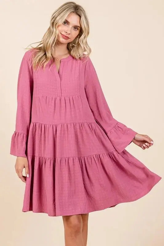 Dress - Flare Sleeve Tiered Notched - Casual Party Mini