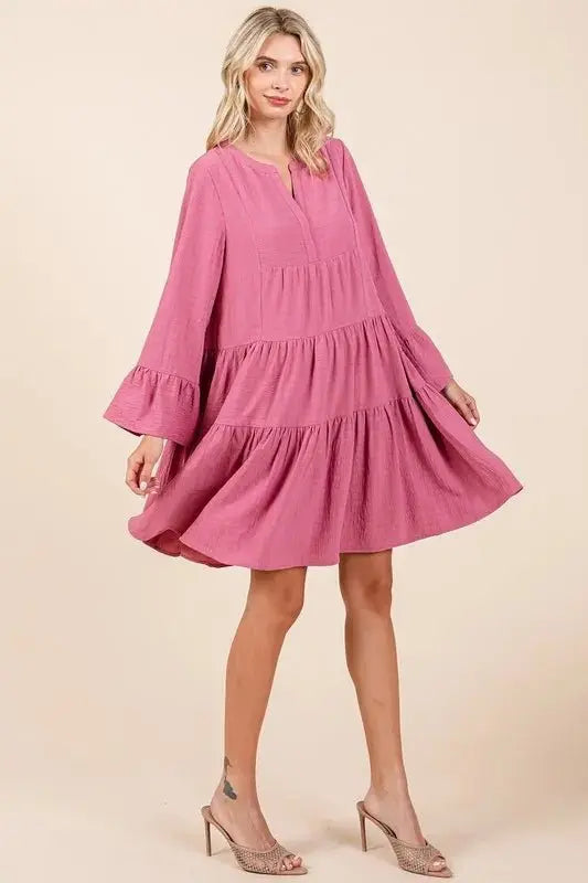 Dress - Flare Sleeve Tiered Notched - Casual Party Mini