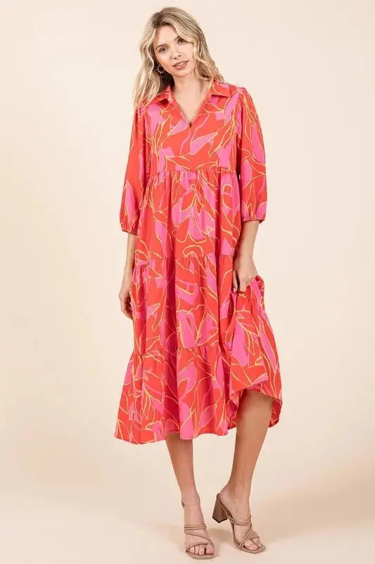 Trendsi Printed Midi Dress Women's Casual Style Cute Collared Neck Dress