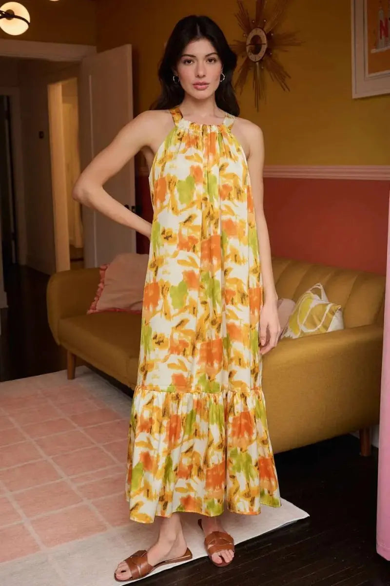 Trendsi Watercolor Satin Dress Women's Party Maxi Dress - Halter Neck, USA Ship