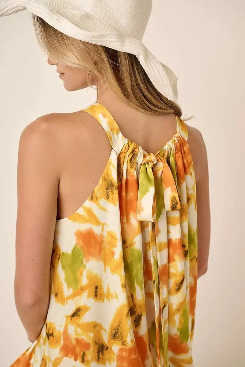 Trendsi Watercolor Satin Dress Women's Party Maxi Dress - Halter Neck, USA Ship