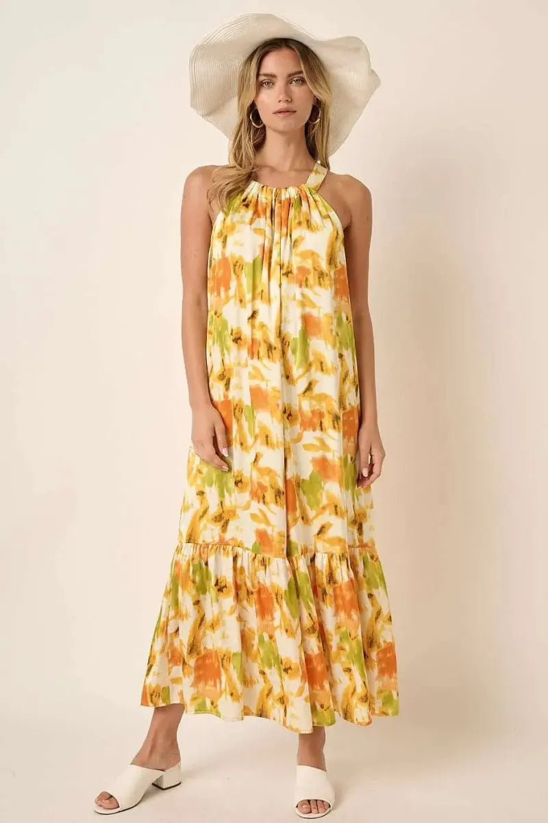 Trendsi Watercolor Satin Dress Women's Party Maxi Dress - Halter Neck, USA Ship