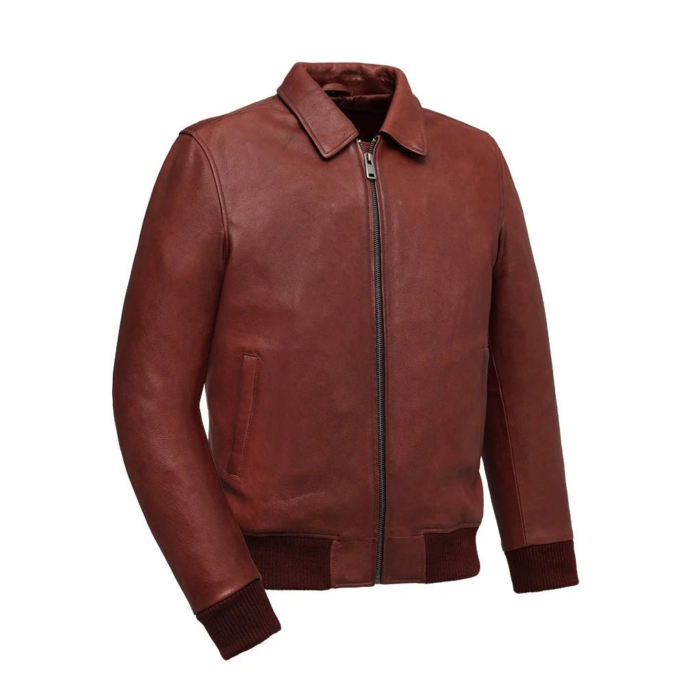 Moto Bomber - Men's Leather Jacket Cognac and Oxblood