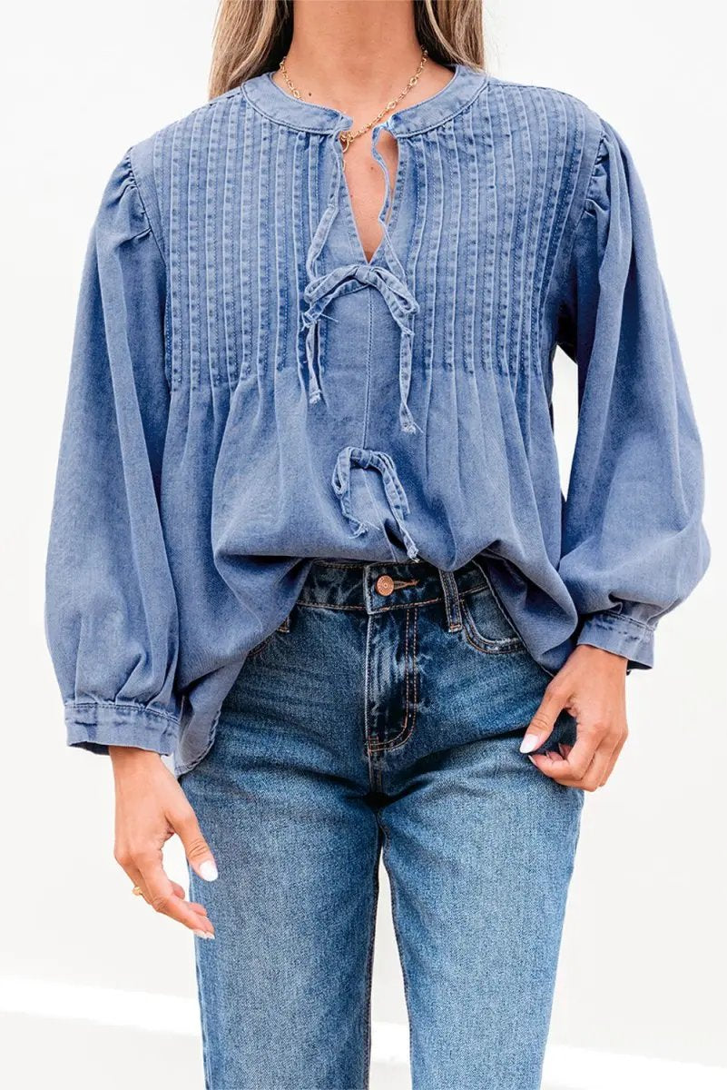 Love Salve Denim Top Women's Daily Wear Blouse Pintuck Bow Puff Sleeve Spring