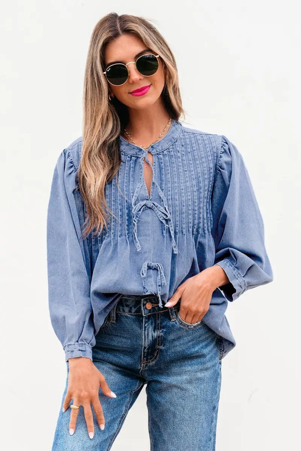Love Salve Denim Top Women's Daily Wear Blouse Pintuck Bow Puff Sleeve Spring