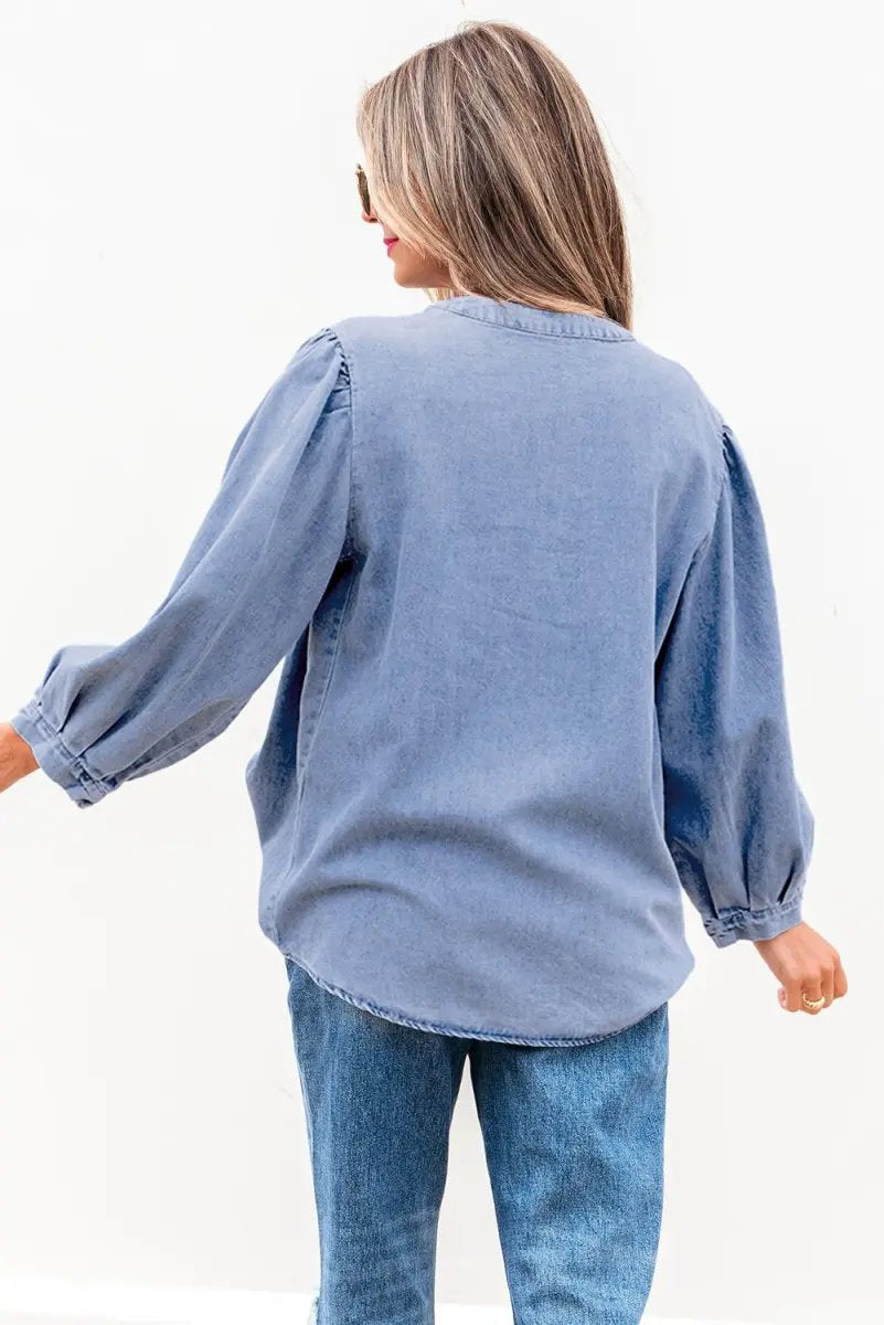Love Salve Denim Top Women's Daily Wear Blouse Pintuck Bow Puff Sleeve Spring