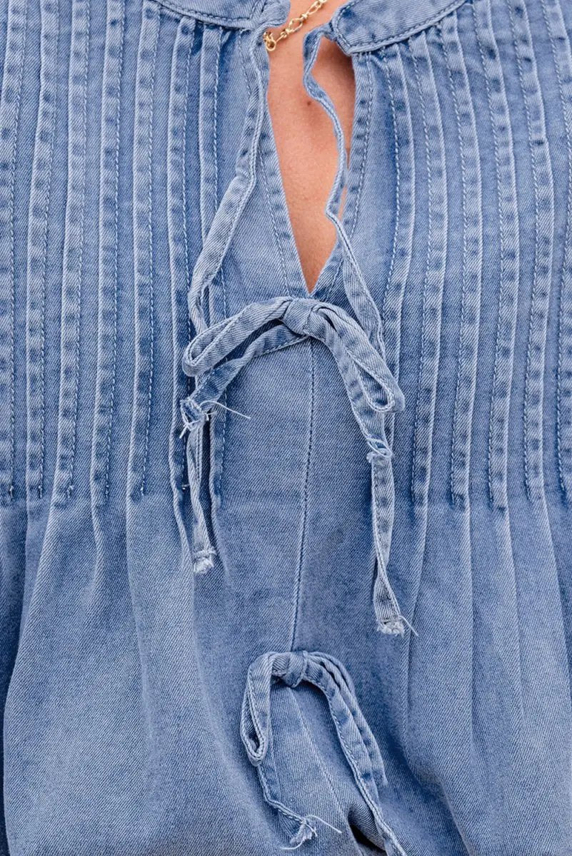 Love Salve Denim Top Women's Daily Wear Blouse Pintuck Bow Puff Sleeve Spring