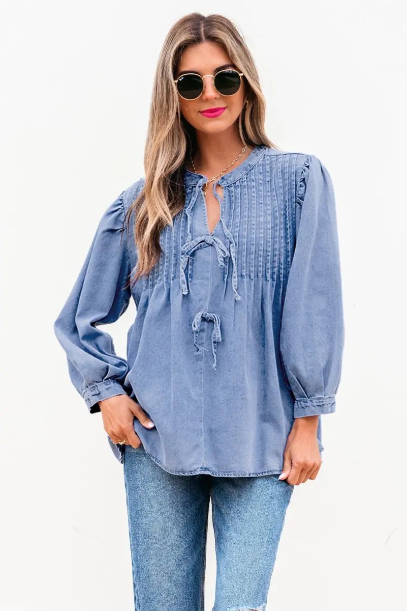 Love Salve Denim Top Women's Daily Wear Blouse Pintuck Bow Puff Sleeve Spring
