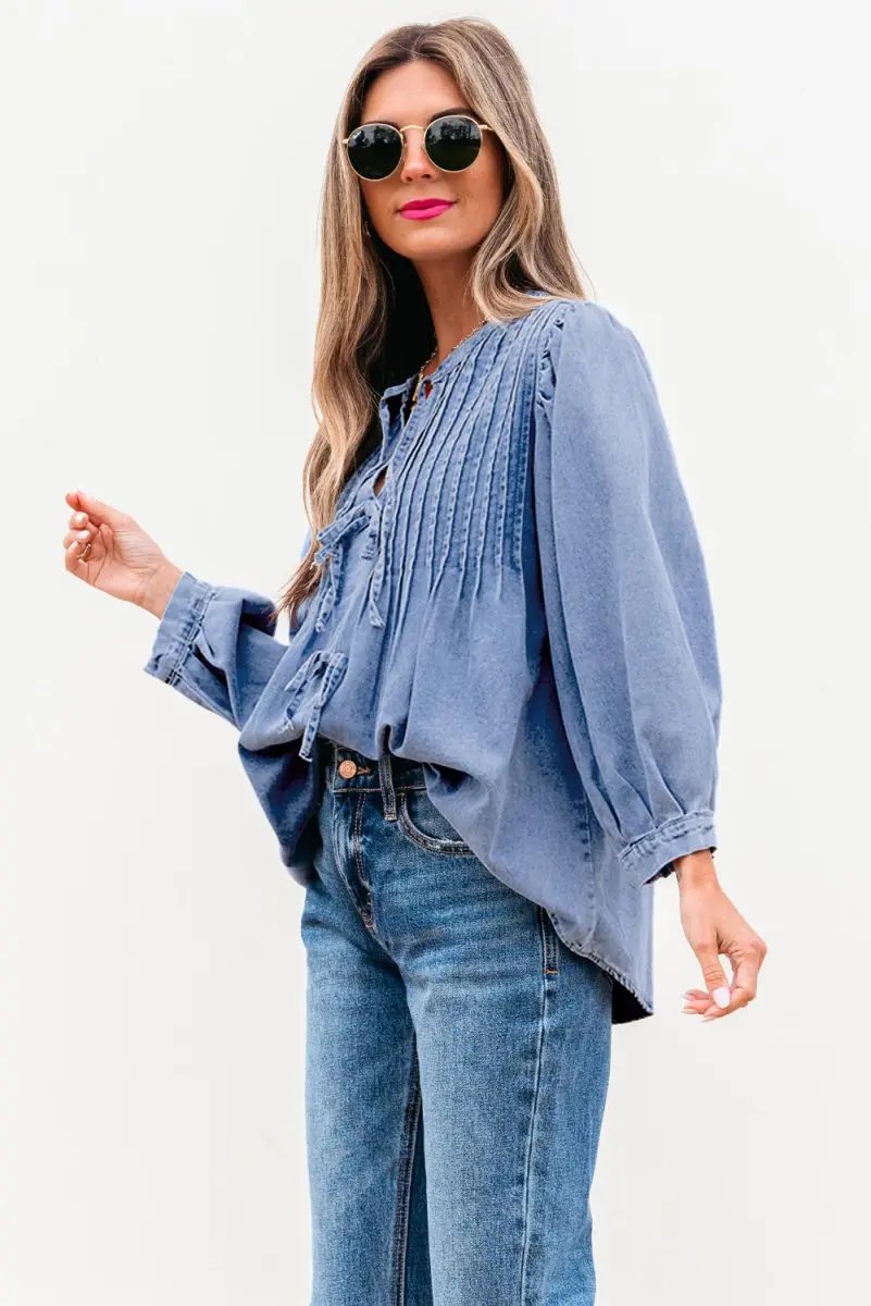 Love Salve Denim Top Women's Daily Wear Blouse Pintuck Bow Puff Sleeve Spring