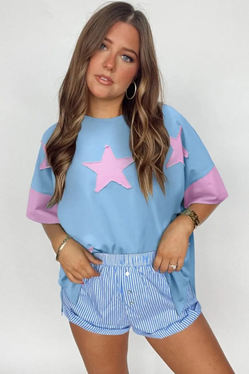 T-Shirt - Denim Star Print - Oversized Casual