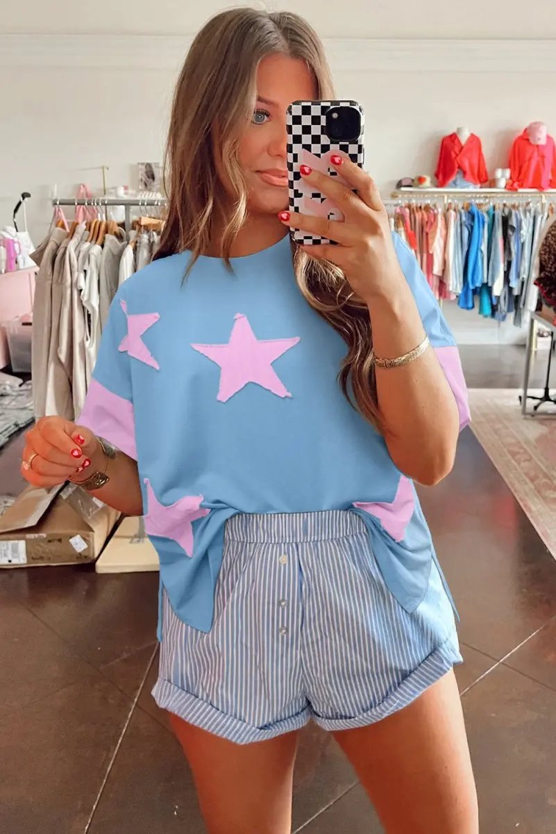 T-Shirt - Denim Star Print - Oversized Casual