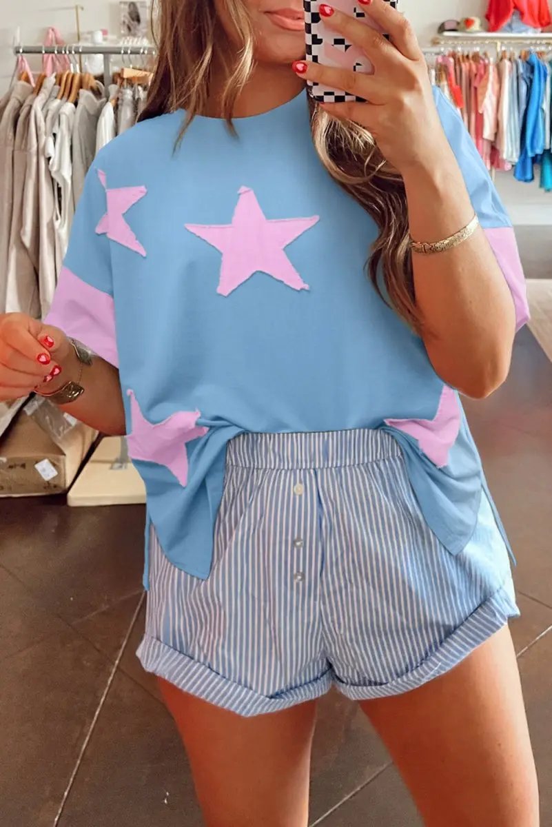 T-Shirt - Denim Star Print - Oversized Casual