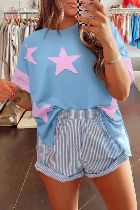 T-Shirt - Denim Star Print - Oversized Casual
