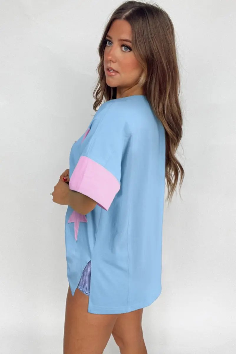 T-Shirt - Denim Star Print - Oversized Casual