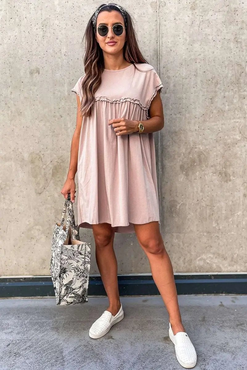Mini Dress - Frilled Trim Loose Fit - Casual Summer Outfit