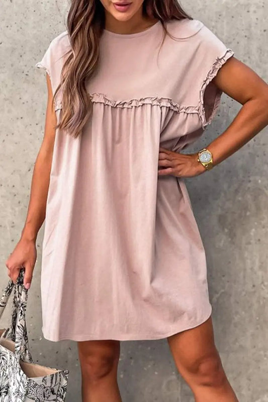 Mini Dress - Frilled Trim Loose Fit - Casual Summer Outfit