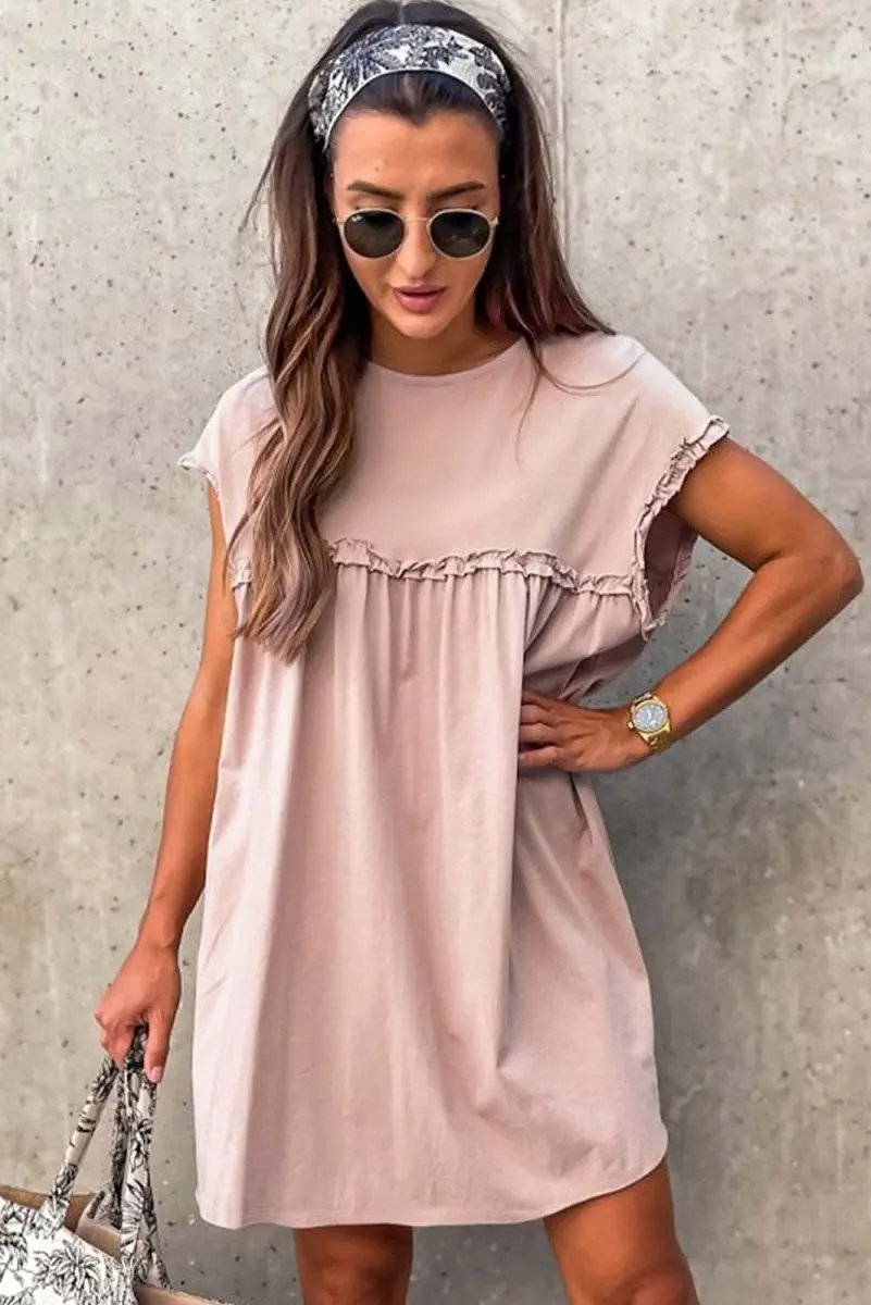 Mini Dress - Frilled Trim Loose Fit - Casual Summer Outfit