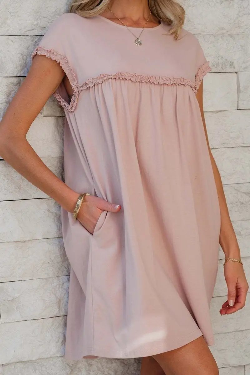 Mini Dress - Frilled Trim Loose Fit - Casual Summer Outfit