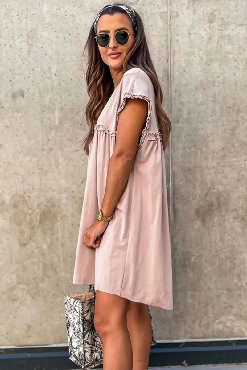Mini Dress - Frilled Trim Loose Fit - Casual Summer Outfit