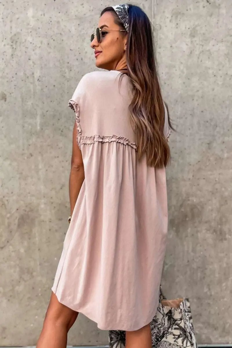 Mini Dress - Frilled Trim Loose Fit - Casual Summer Outfit