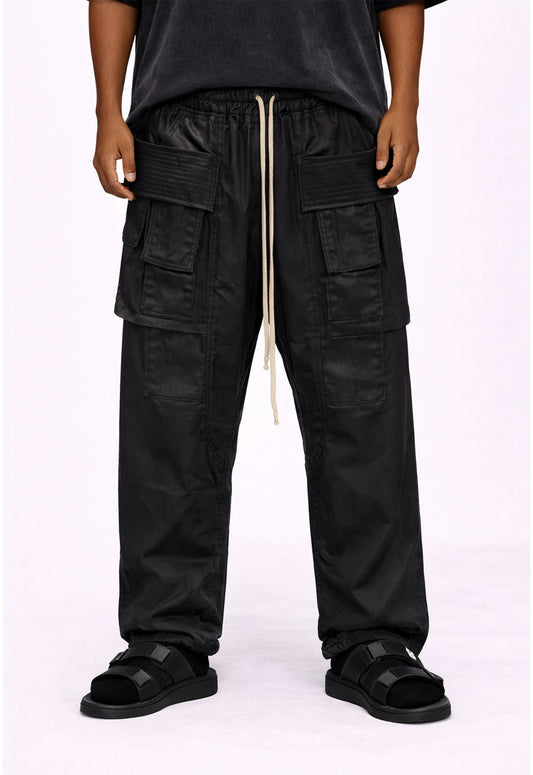 WAXED DROP-CROTCH DRAWSTRING CARGO PANTS