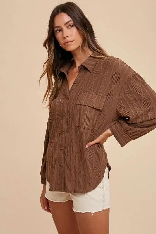Trendsi Openwork Shirt Women's Casual Button-Up Top Lightweight, Drop Shoulder