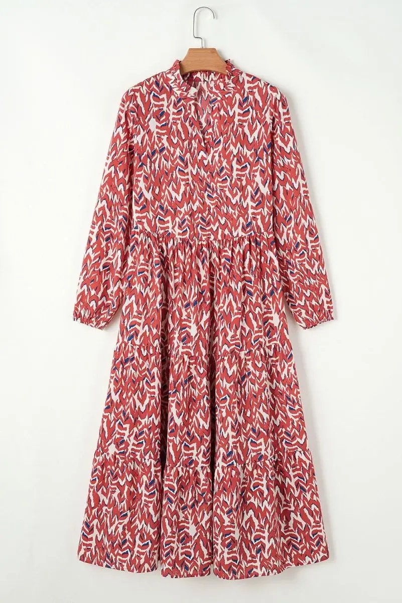 Love Salve Orange Abstract Dress Women's Daily Bohemian Midi Dress - V Neck & High Waist