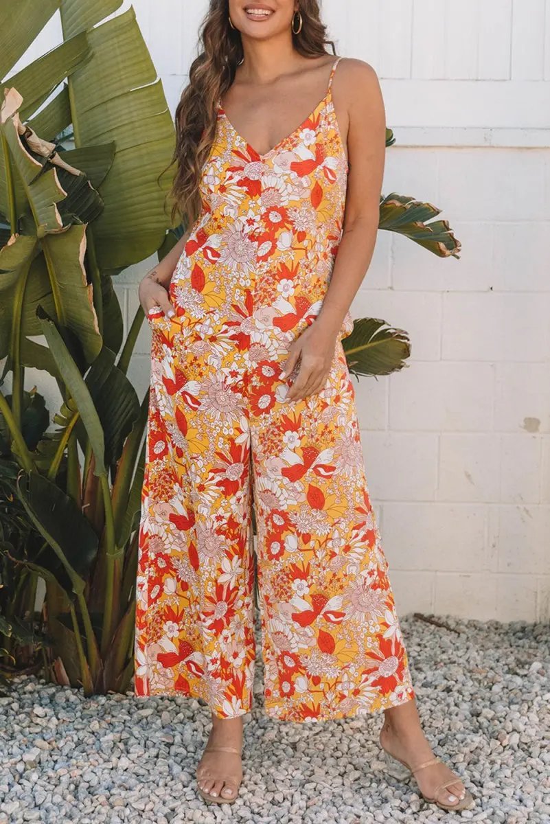 Love Salve Orange Floral Jumpsuit Women's Vacation Bohemian Wide Leg Sleeveless Romper