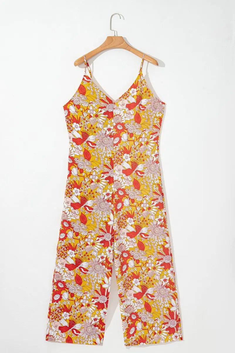 Love Salve Orange Floral Jumpsuit Women's Vacation Bohemian Wide Leg Sleeveless Romper