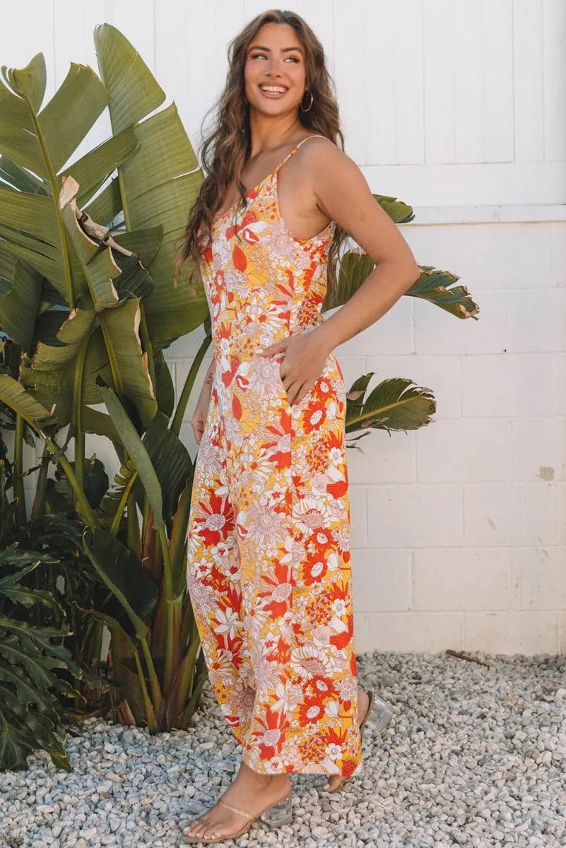 Love Salve Orange Floral Jumpsuit Women's Vacation Bohemian Wide Leg Sleeveless Romper