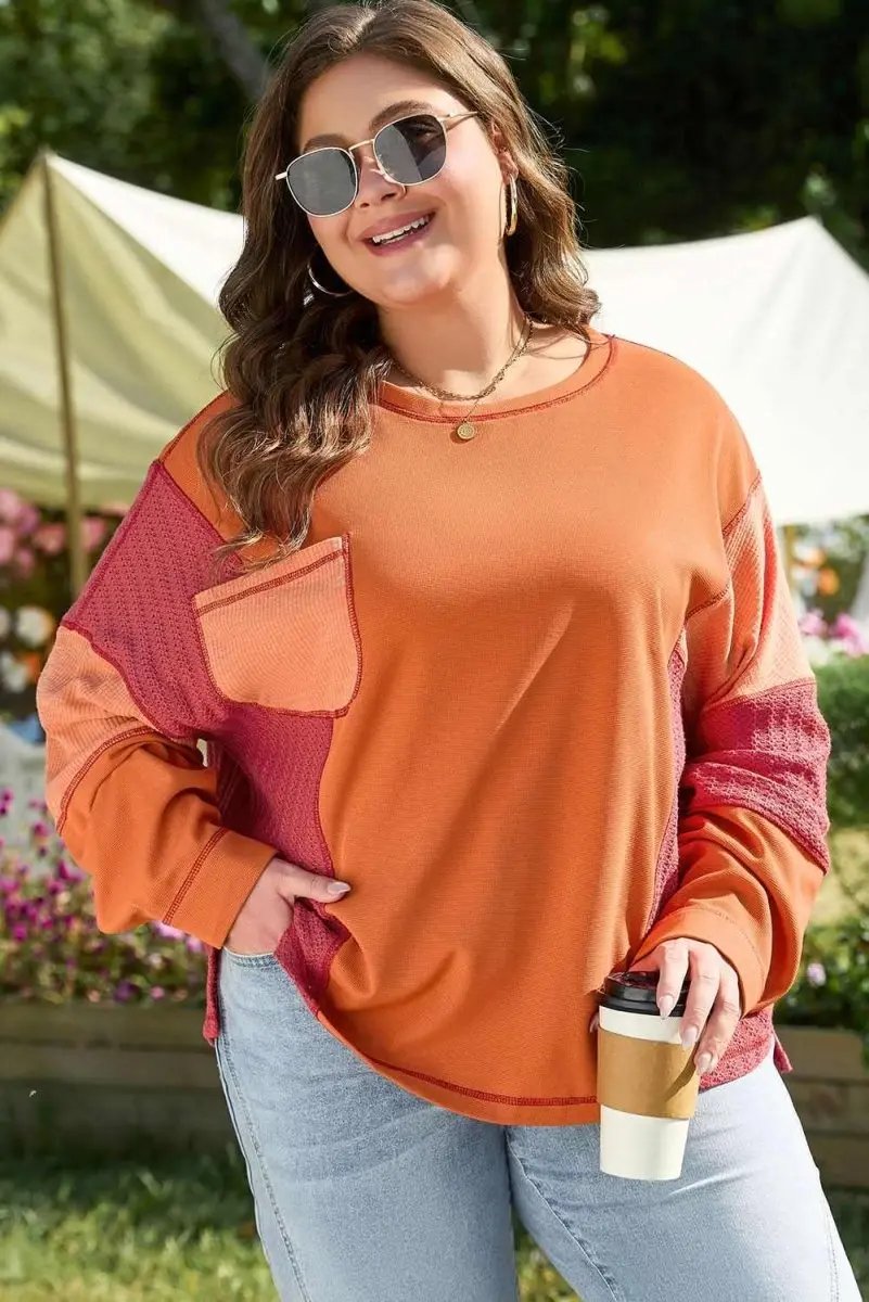 Love Salve Orange Knit Top Women's Daily Wear Color Block Top: Textured, Plus Size