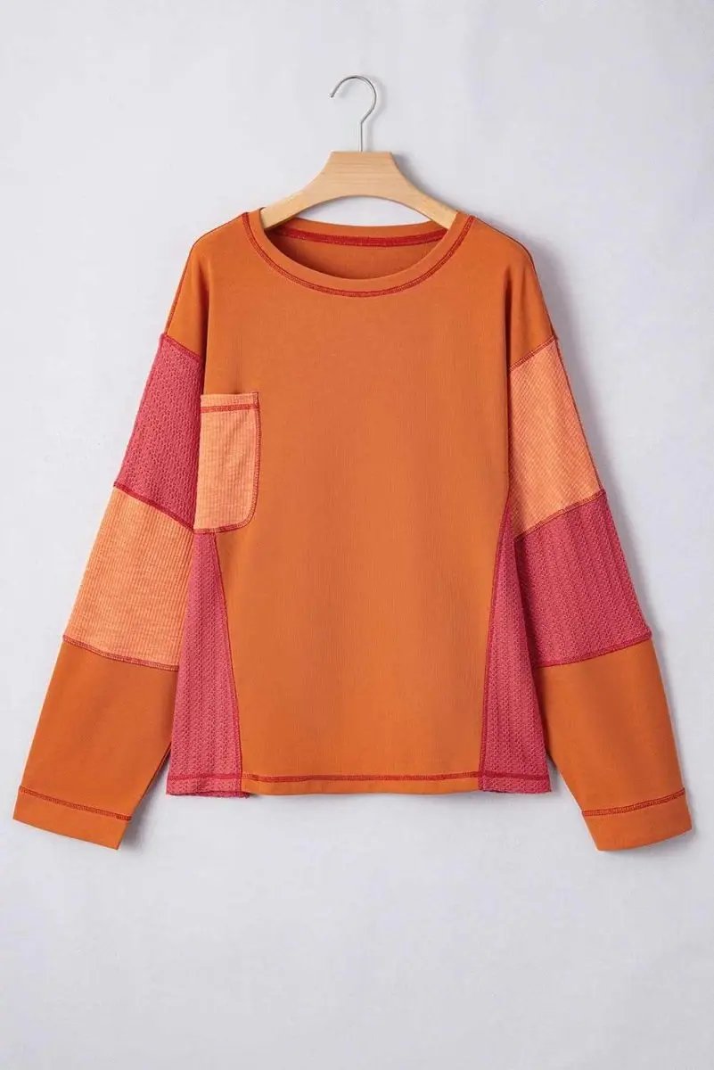 Love Salve Orange Knit Top Women's Daily Wear Color Block Top: Textured, Plus Size