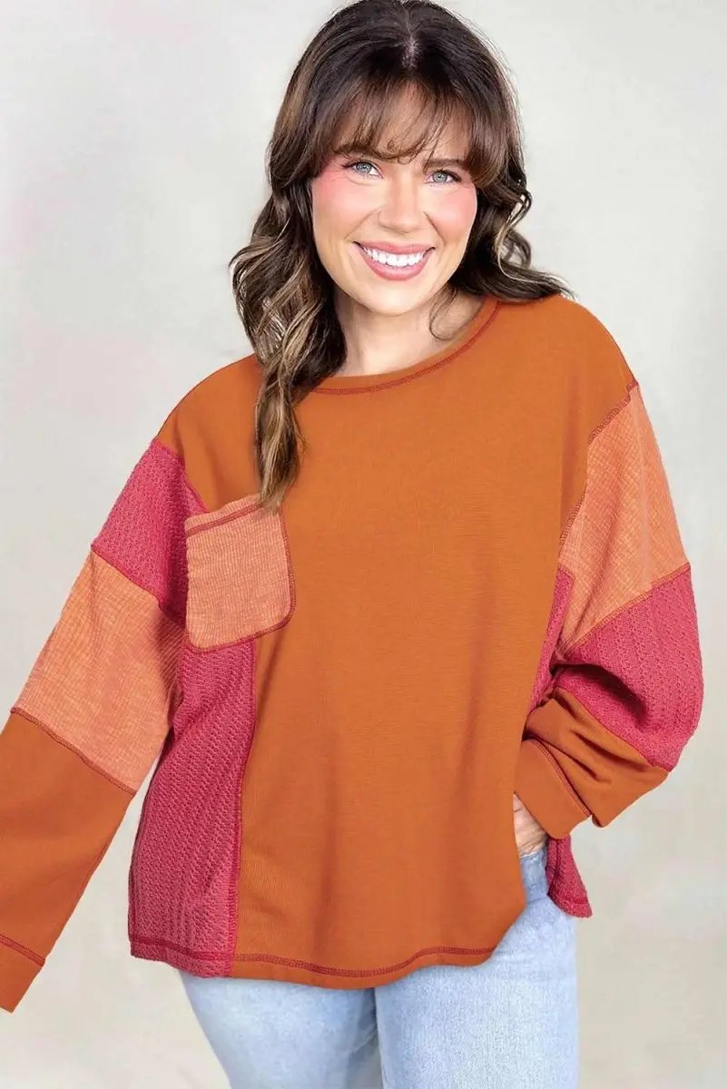 Love Salve Orange Knit Top Women's Daily Wear Color Block Top: Textured, Plus Size