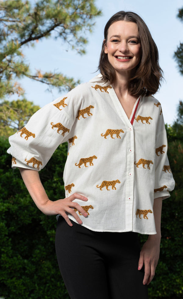 Milano Top Ivory Embroidered Cheetahs